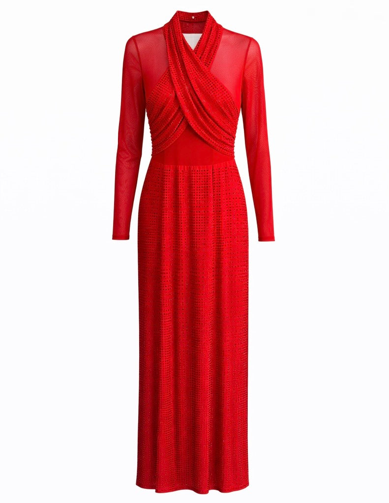 Red Crimson Crystal Mesh Evening Gown