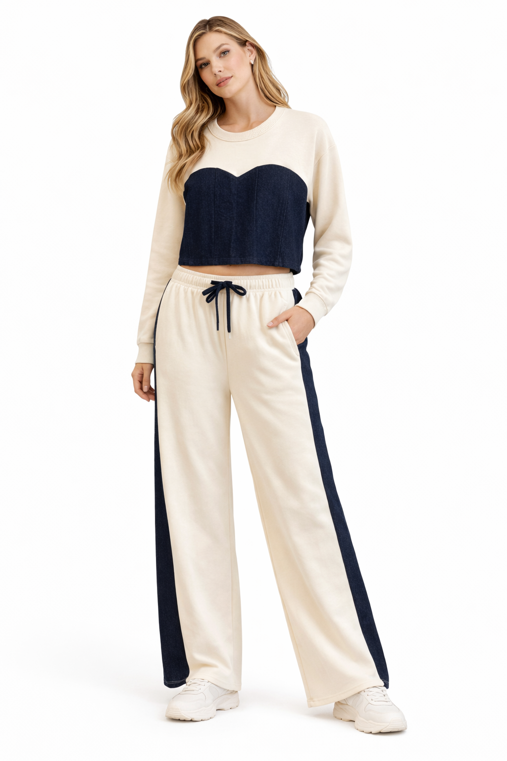 Cream & Indigo Corset-Style Two-Piece Set