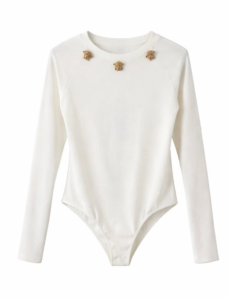 Ribbed Long-Sleeve Embellished Bodysuit – White