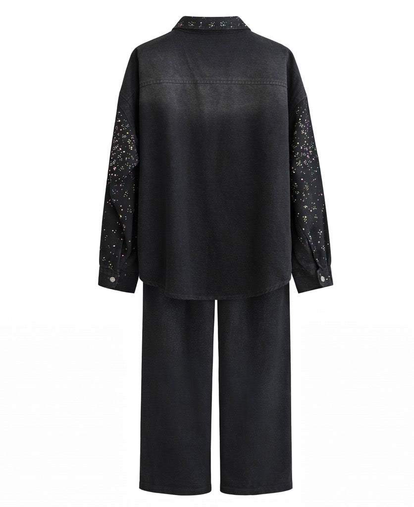 Black Rhinestone Button-Up Shirt & Palazzo Pant Set