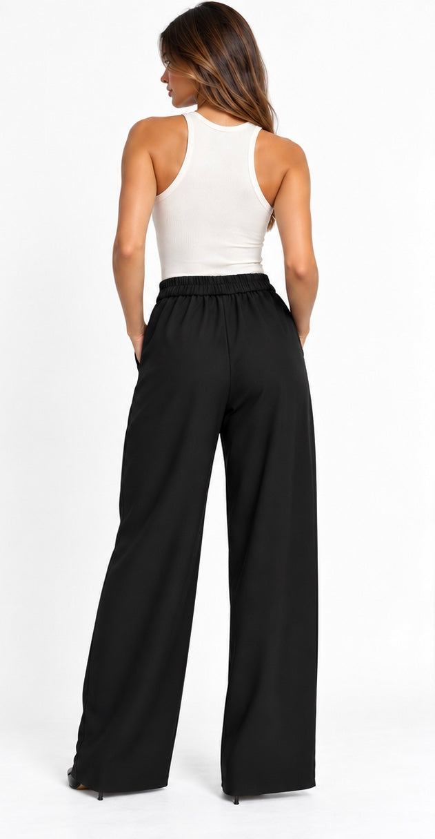 Wide-Leg Pleated Tailored Pants ( Navy , Black , Brown )