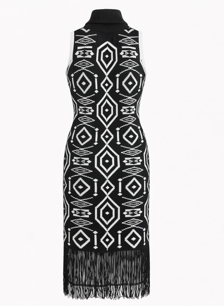 Statement Geometric Knit Fringe Dress