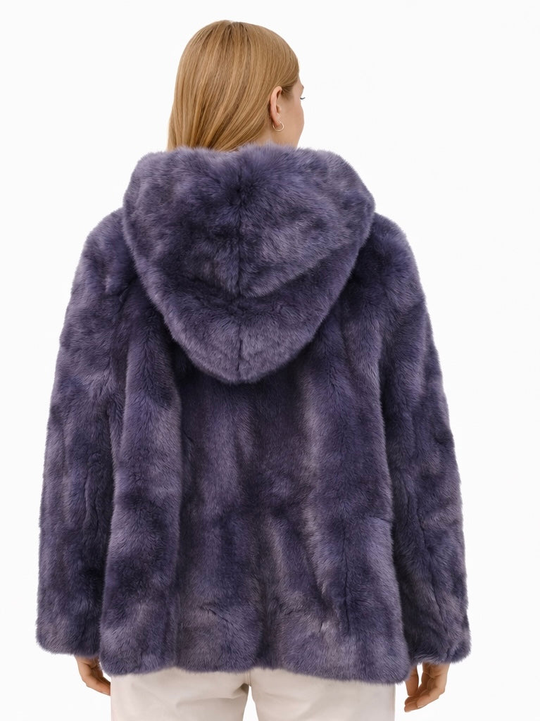 Crystal-Embellished Faux Fur Hooded Jacket – Midnight Purple