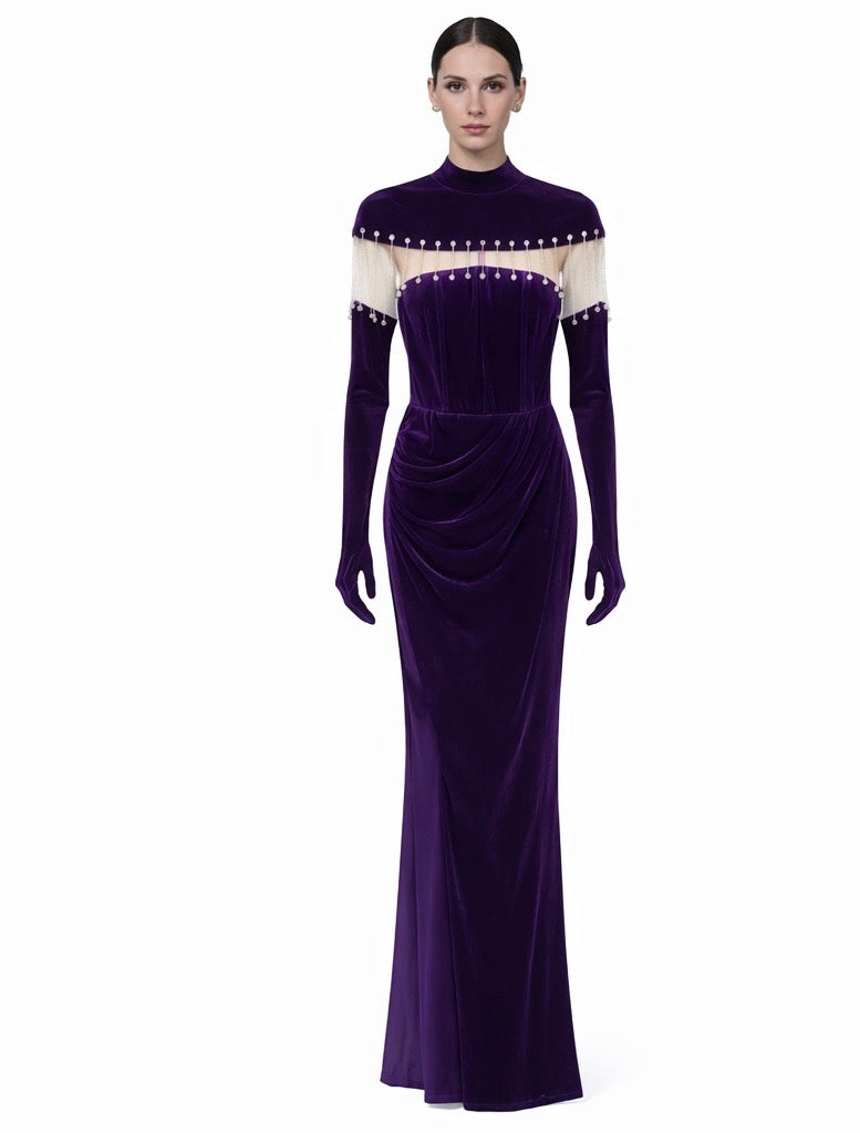 Purple Velvet Slim-Fit Gown with Crystal Fringe