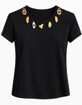 Charm Embellished Short Sleeve Top - Black , White , Brown