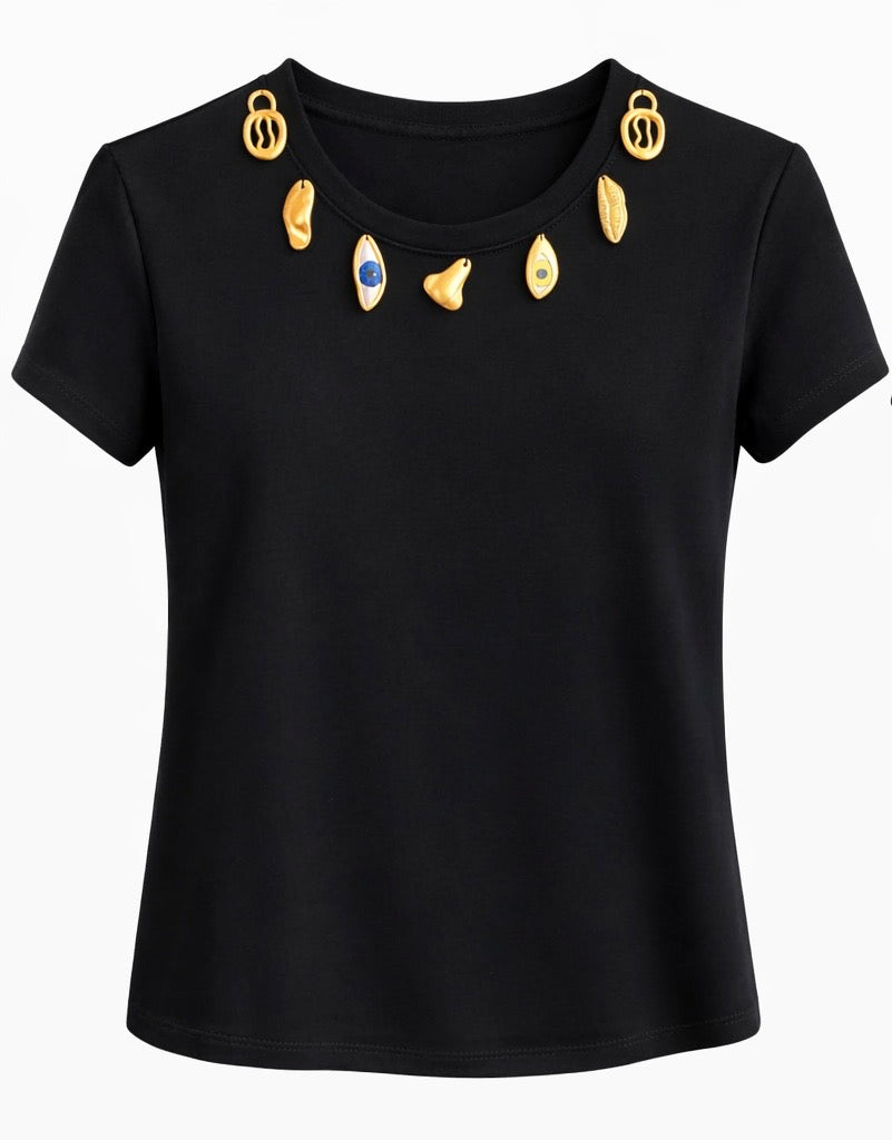 Charm Embellished Short Sleeve Top - Black , White , Brown