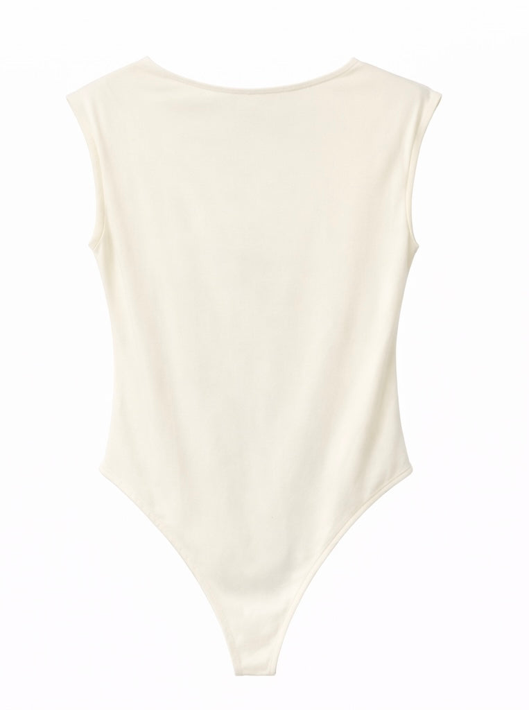 Elegant Draped Neck Bodysuit - Beige , Moccha brown