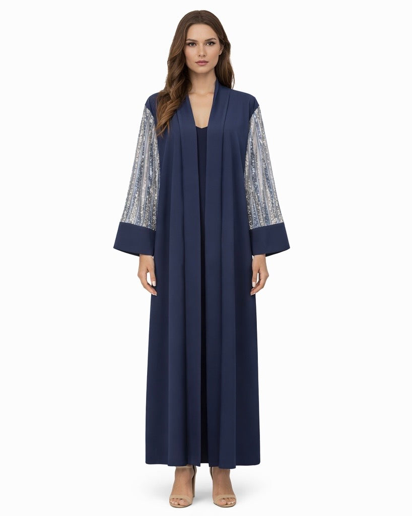Sheer Embellished Sleeve Abaya – Navy