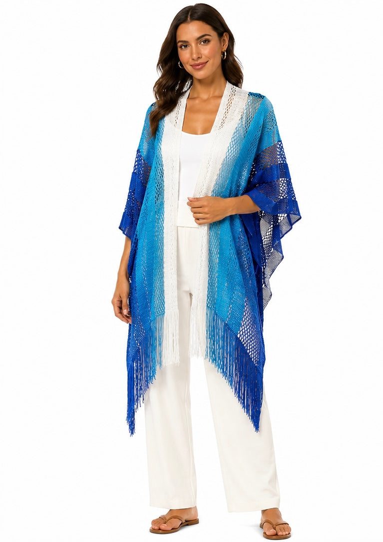 Stripe Fringe Kimono ( Beige  , Black , Blue  )