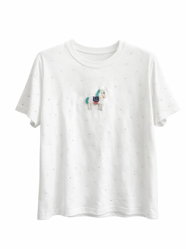 Horse Patch Sparkle Tee - Pink , Light Blue , Black , White