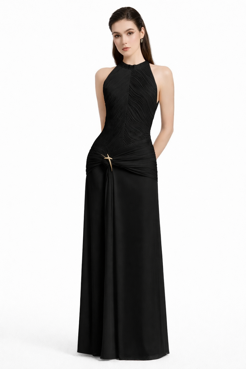 Eclipse Draped Evening Gown White , Black