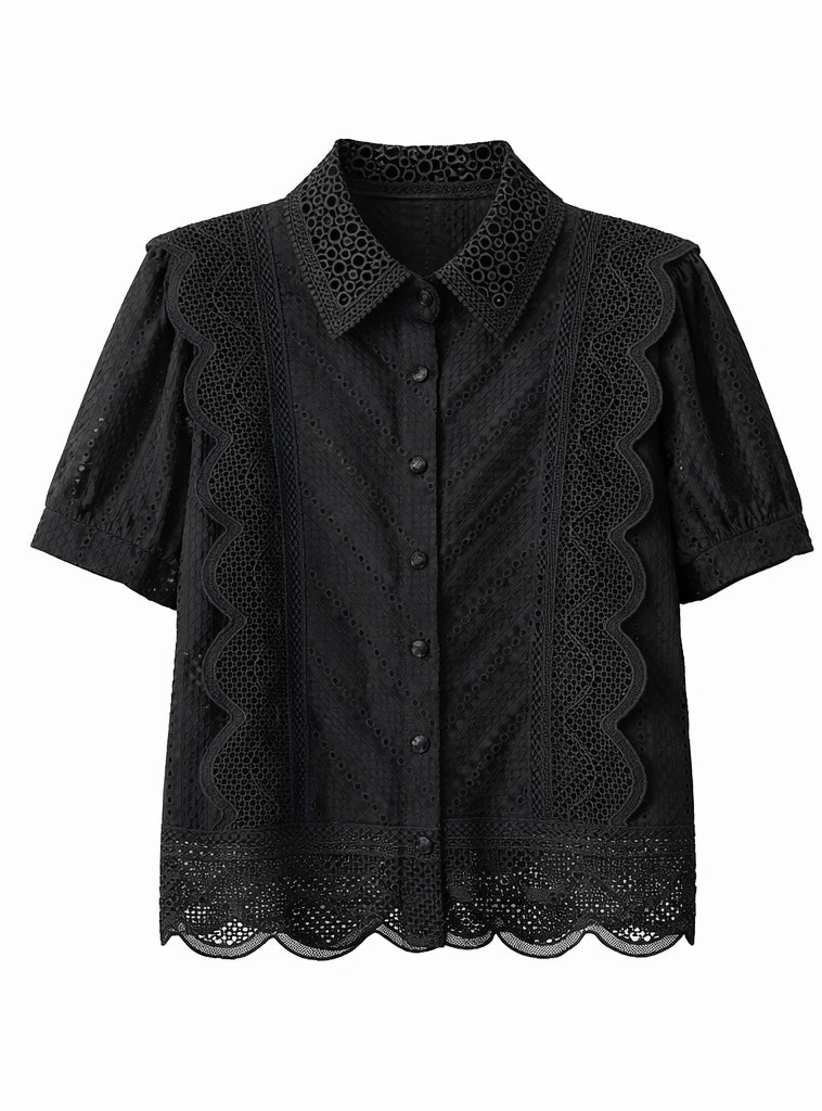 Romantic Floral Eyelet Lace Shirt - Butter Yellow , Light blue , pink , Black