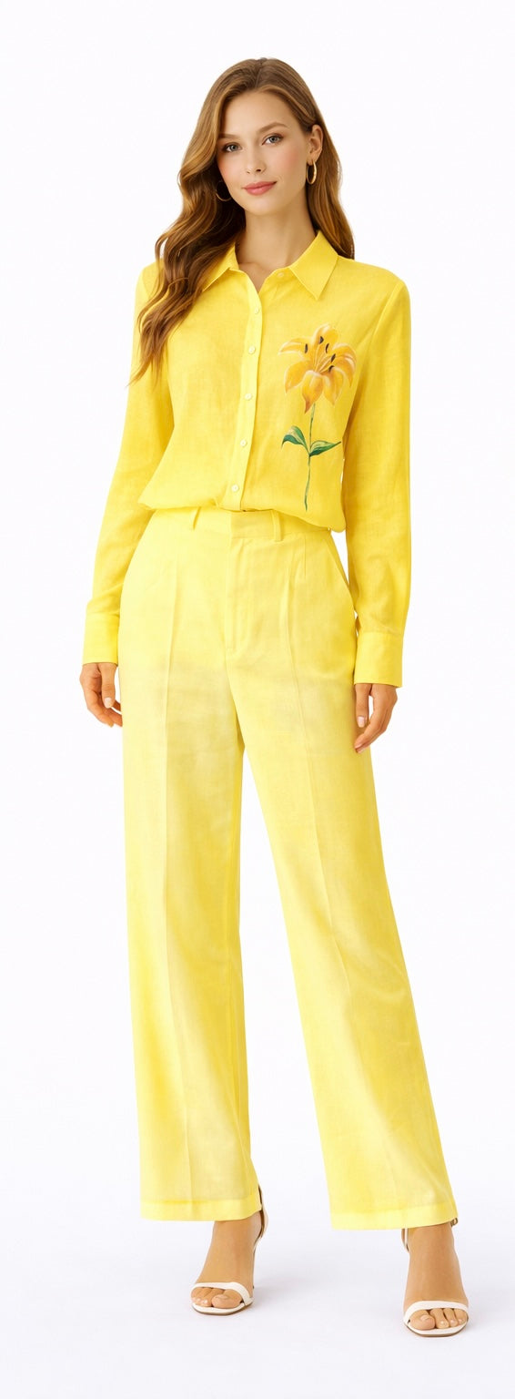 Linen Set With Flower - yellow , White