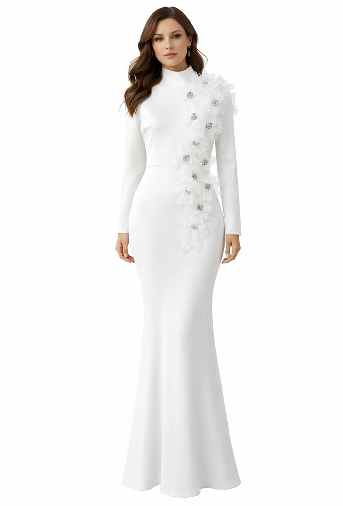 Luxe White Floral Detail Bandage Dress