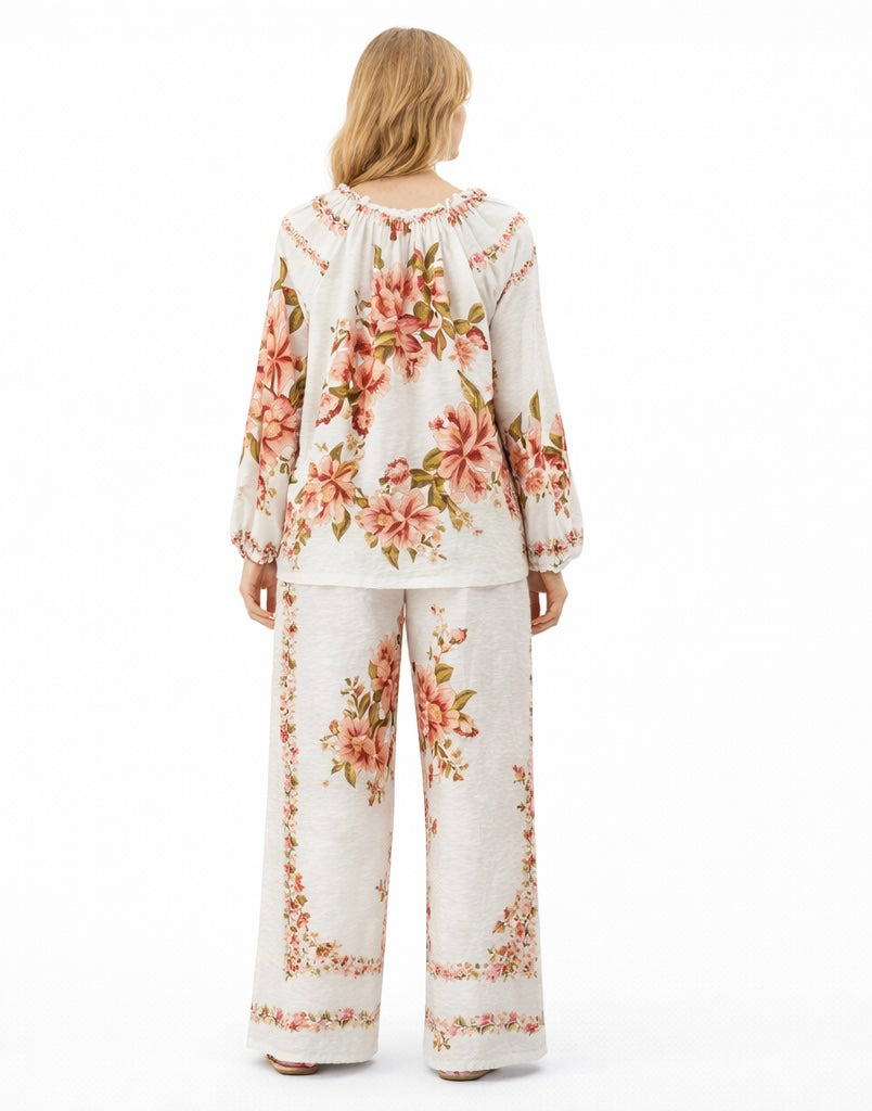 Floral Wide-Leg Pants & Blouse Set - Pistachio , White , Black