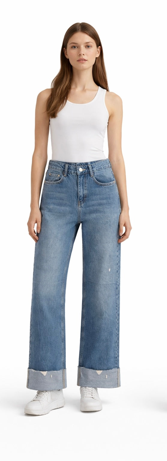 Classic Blue Straight Denim with Turn-Up Hem