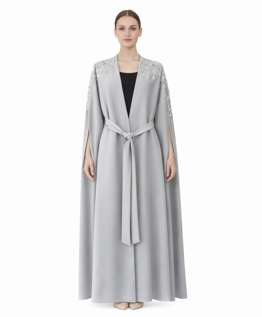 Luxury Silk Embroidered Open Abaya – Silver