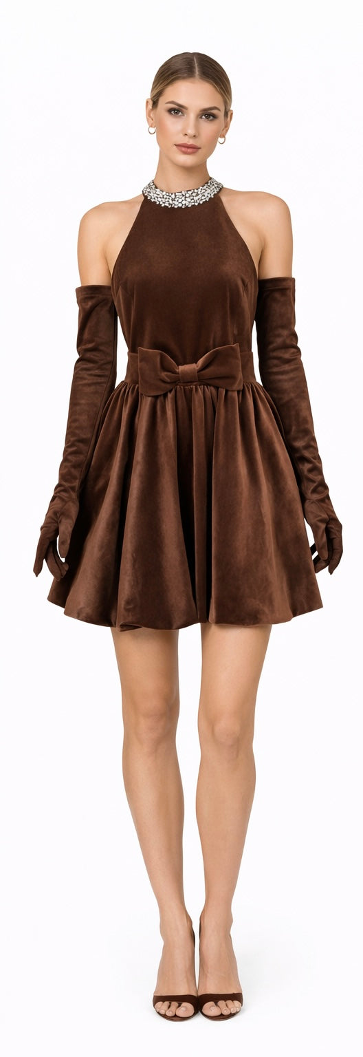 Brown Velvet Halter Mini Dress With Crystal Necline & Bow Detail