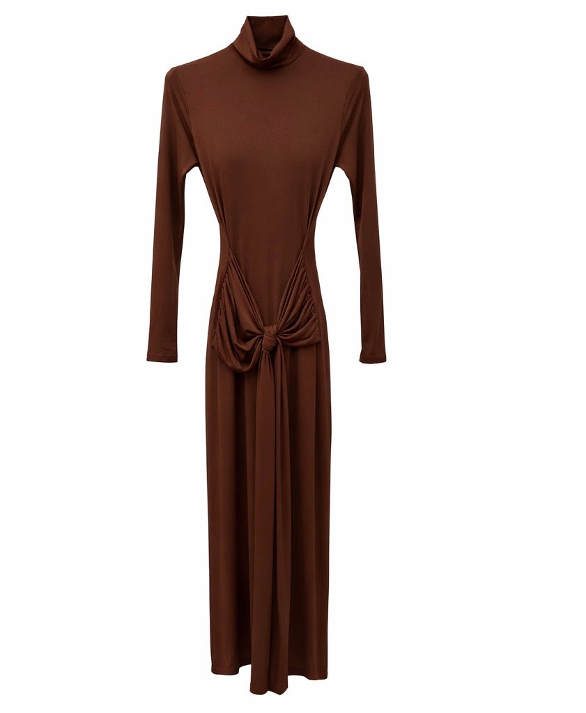 Chocolate Brown Draped Knot Detail Maxi Dress
