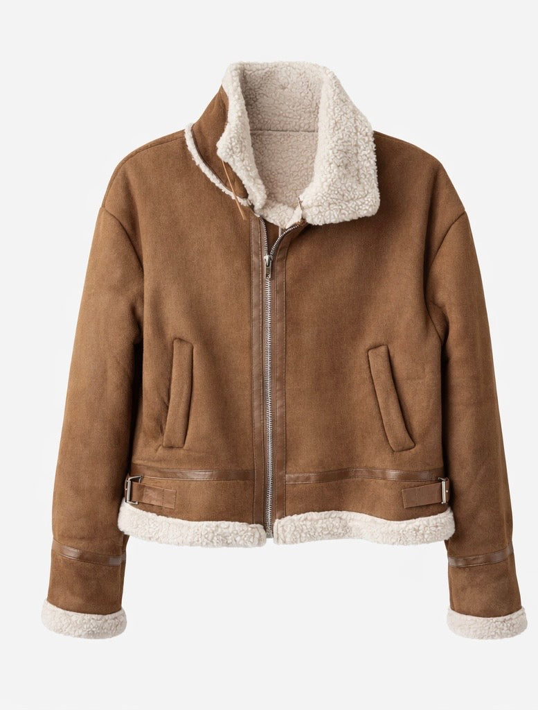 Faux Shearling Aviator Jacket – Brown