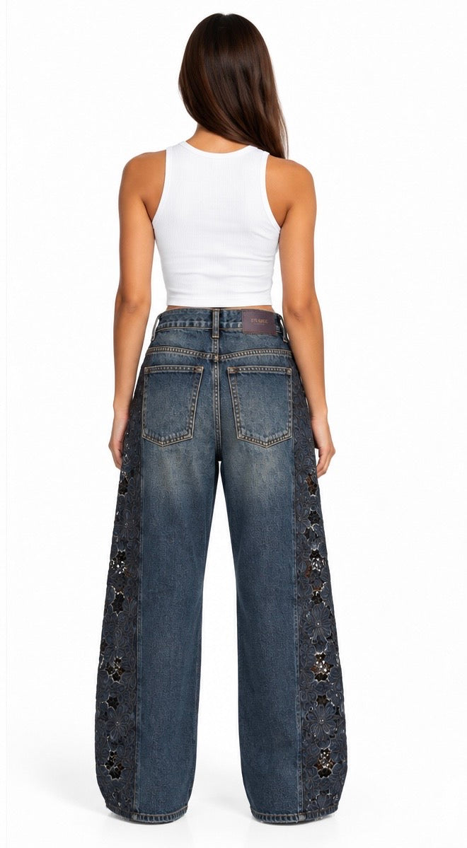 Lace Panel Wide-Leg Jeans