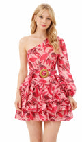 Pink Floral One-Shoulder Ruffle Mini Dress