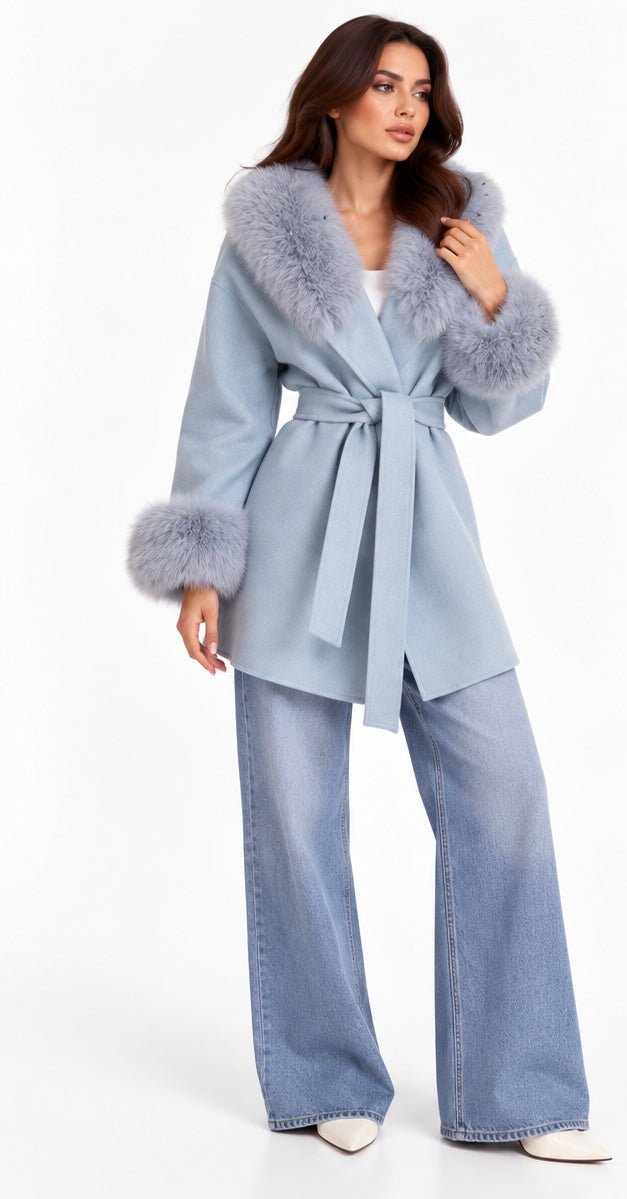 Fur-Trimmed Wrap Coat ( Blush , Icy Blue , Grey , Black , Brown , Burgundy )