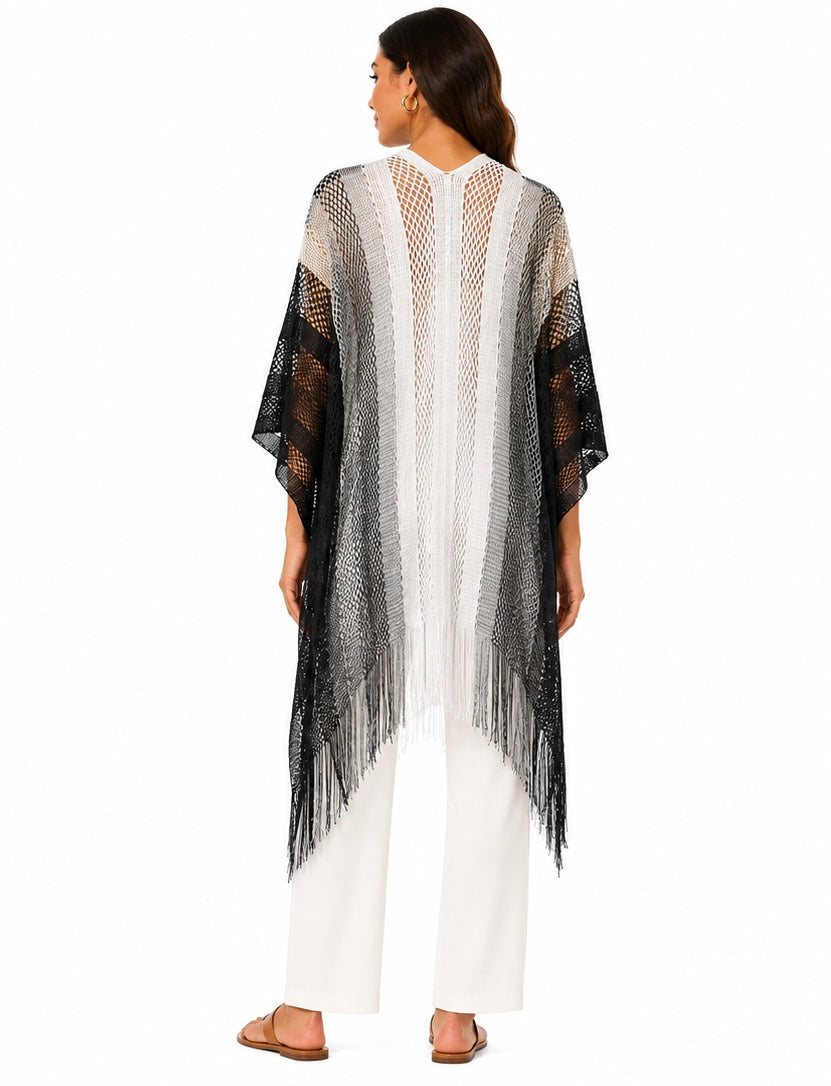 Stripe Fringe Kimono ( Beige  , Black , Blue  )