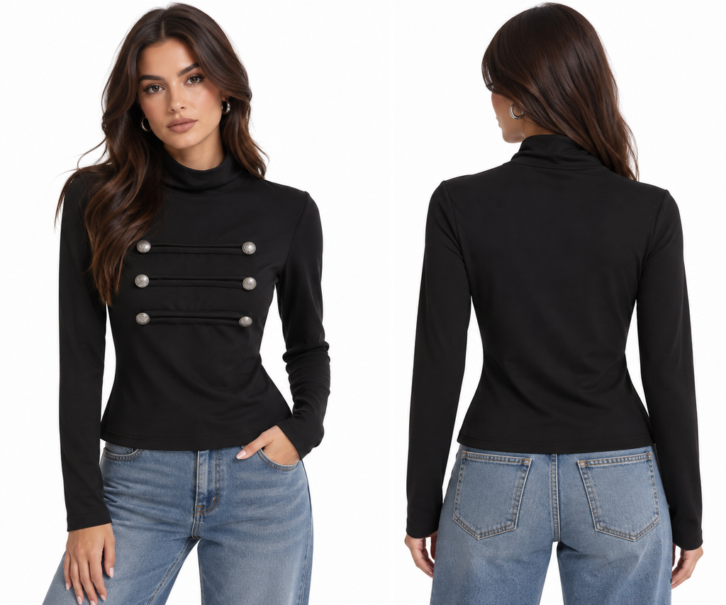 Military Detail Mock Neck Top ( Brown , Beige , Black )