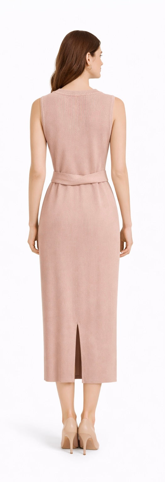 Elegant Blush Ribbed Knit Midi Dress with Belt