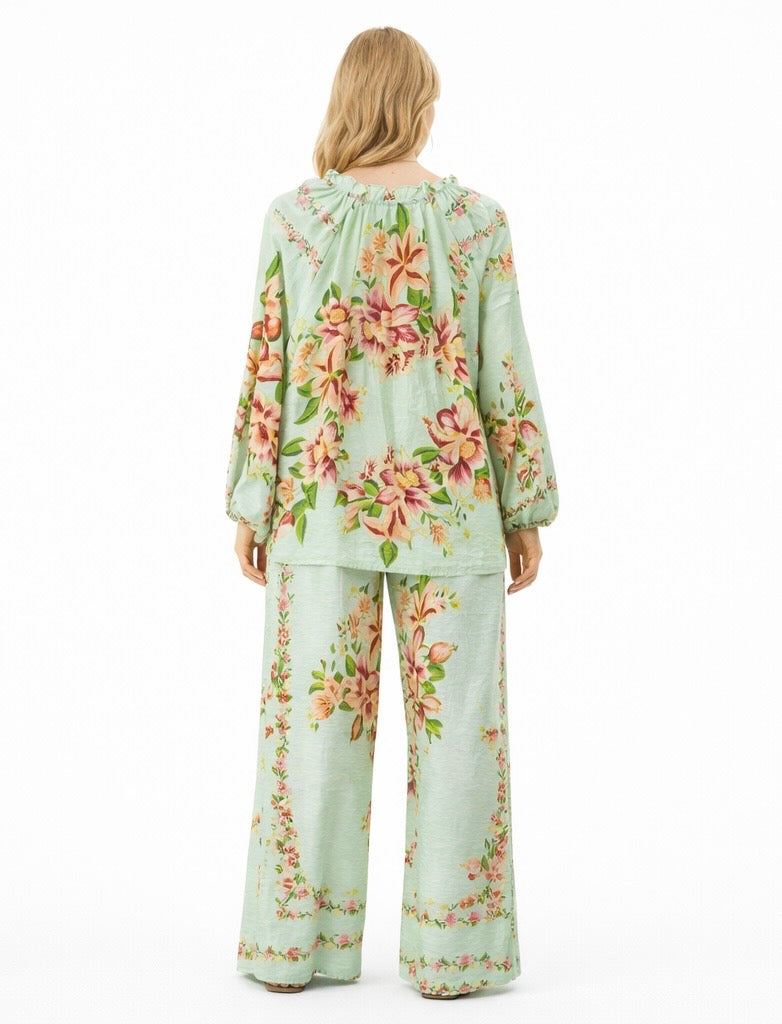 Floral Wide-Leg Pants & Blouse Set - Pistachio , White , Black