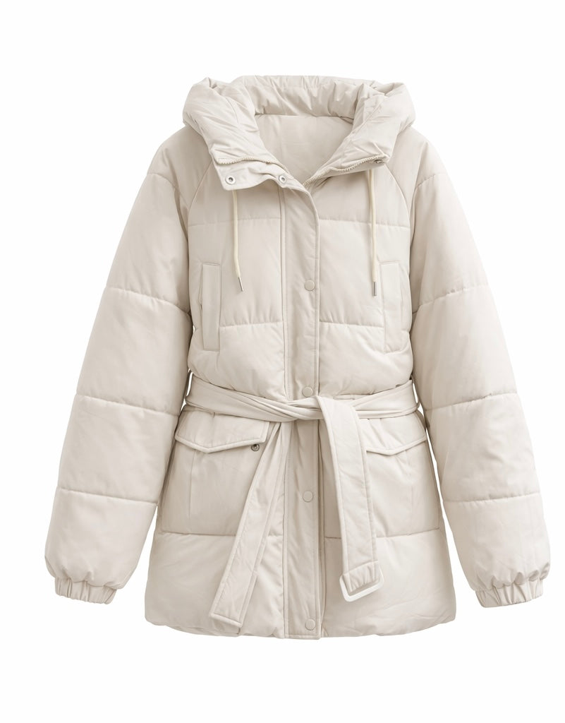 Belted Hooded Puffer Jacket in Cream