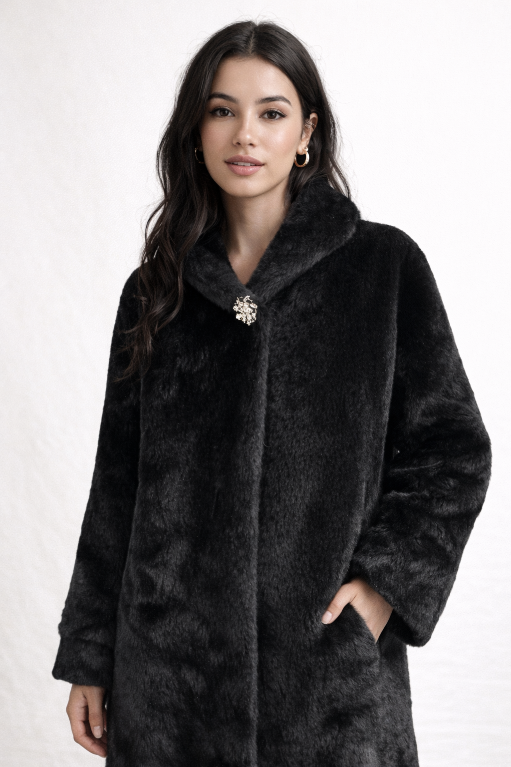 Elegant Black Faux Fur Coat with Shawl Collar