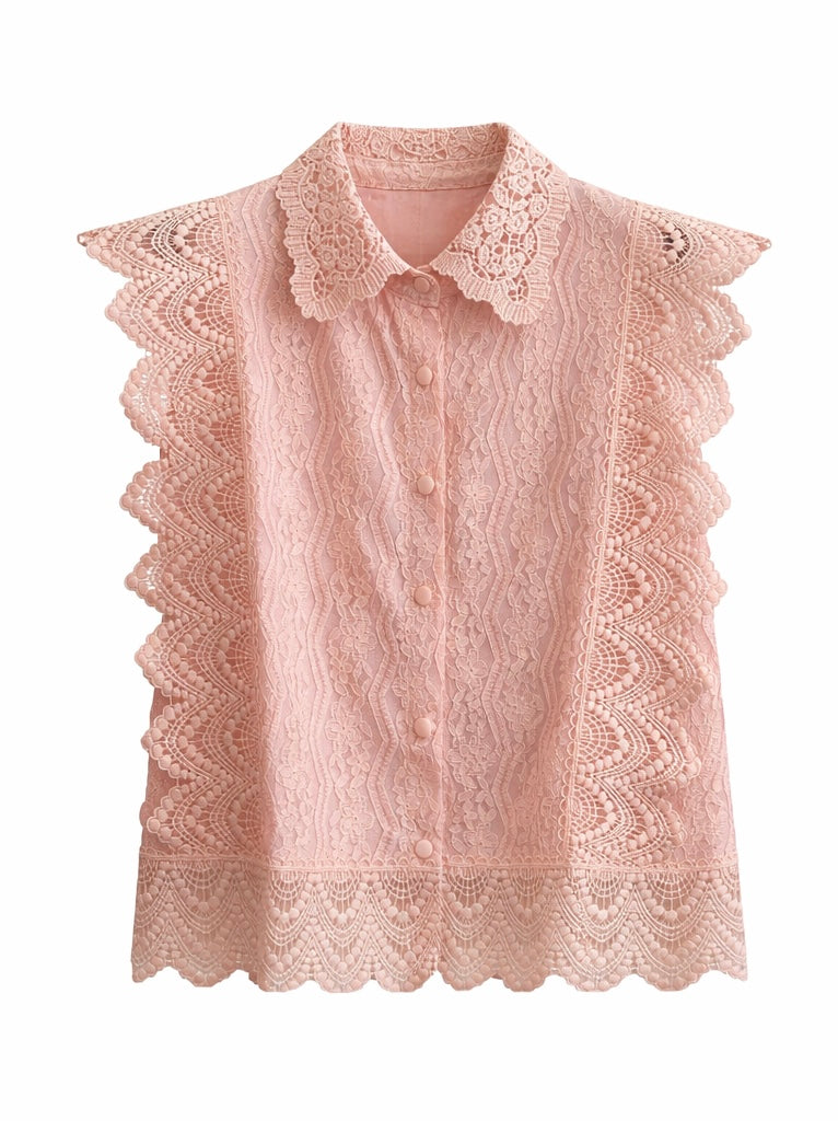 Blush Pink Lace Scalloped Sleeve Blouse