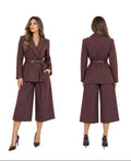 Tailored Pinstripe Belted Blazer & Culotte Set ( Burgundy , Greige )