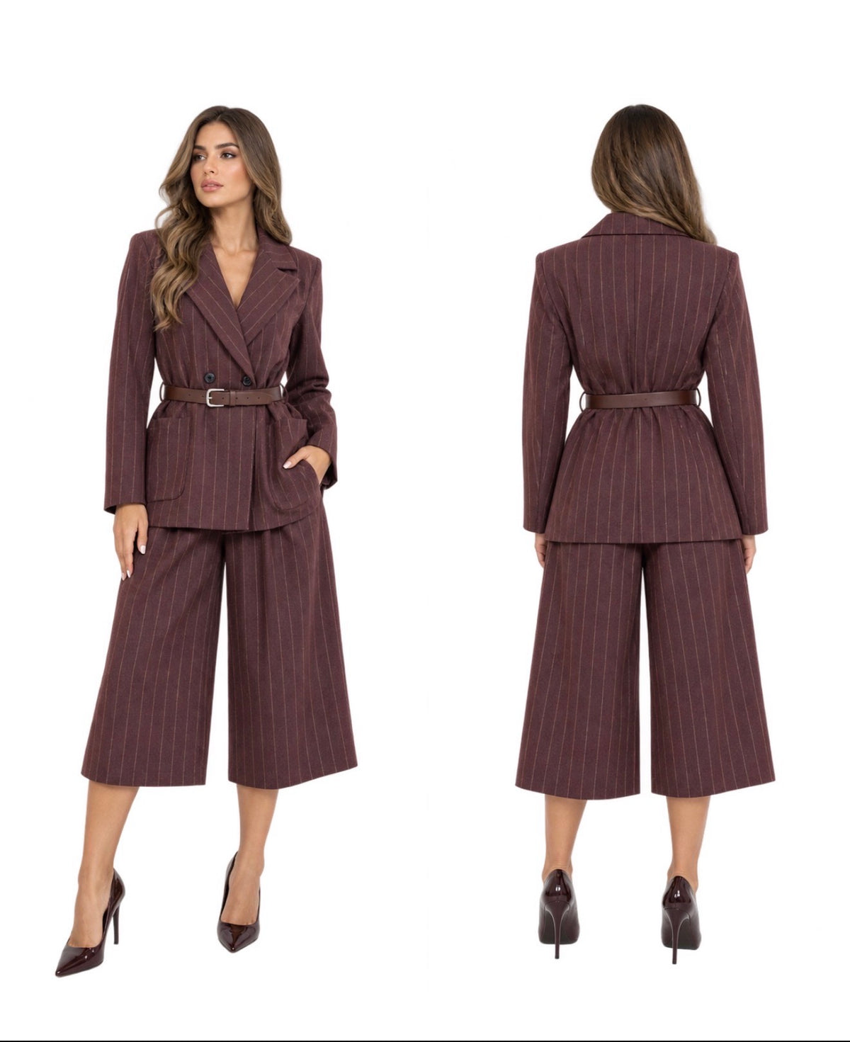Tailored Pinstripe Belted Blazer & Culotte Set ( Burgundy , Greige )