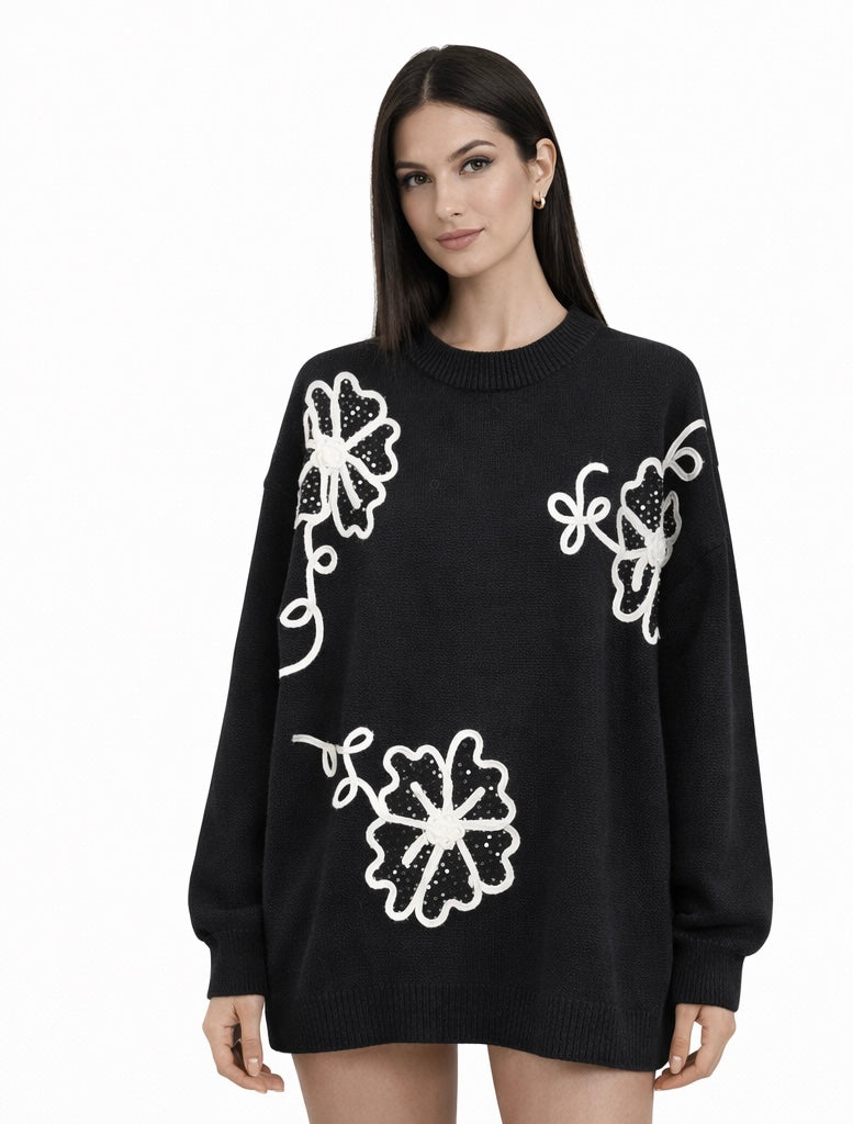 Floral Appliqué Black Knit Sweater