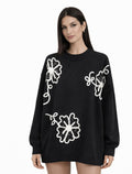Floral Appliqué Black Knit Sweater