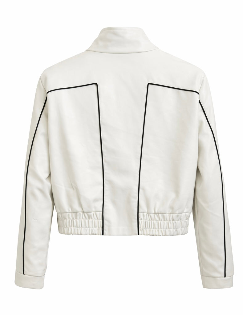 Structured Black Leather Jacket with Contrast Piping