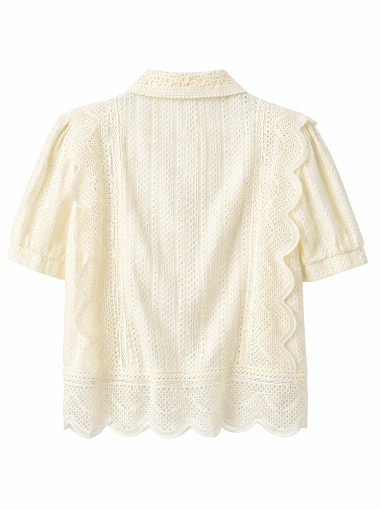 Romantic Floral Eyelet Lace Shirt - Butter Yellow , Light blue , pink , Black