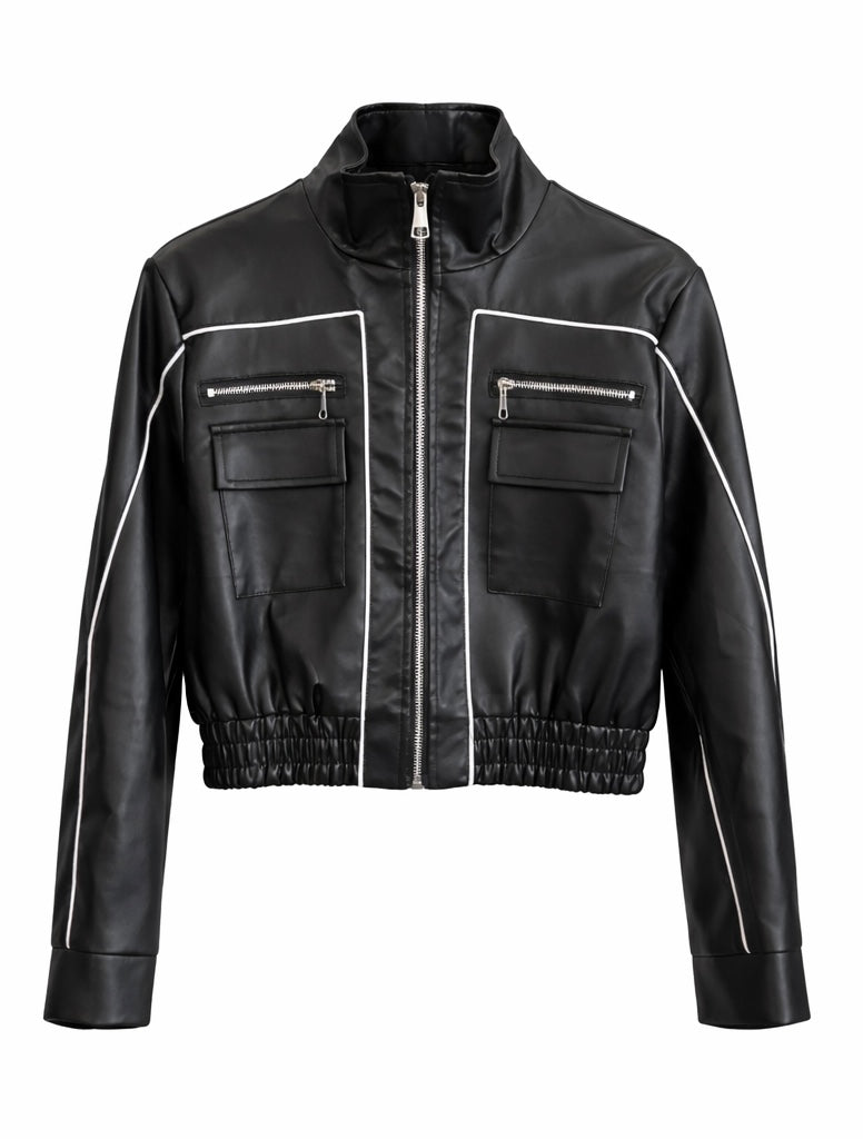 Structured Black Leather Jacket with Contrast Piping