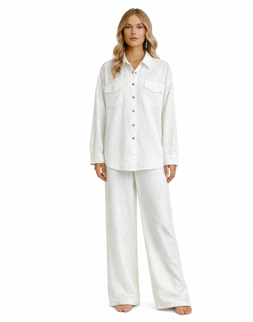 White Rhinestone Button-Up Shirt & Palazzo Pant Set