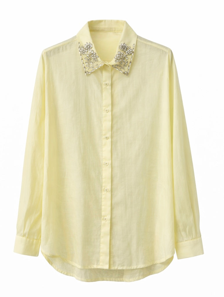 Crystal Detail Collar Sheer Blouse - Yellow pastel - Black