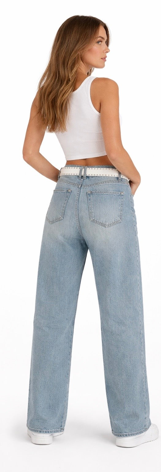 Vintage Blue Wide-Leg Jeans with Studded Belt