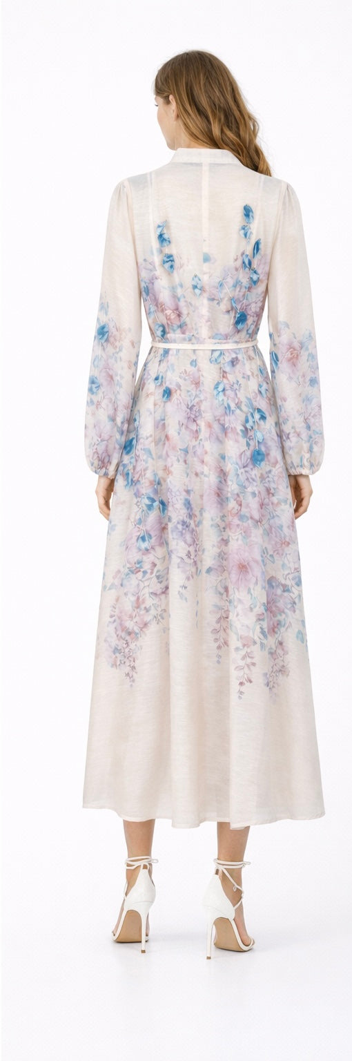 Soft Pastel Floral Belted Midi Dress