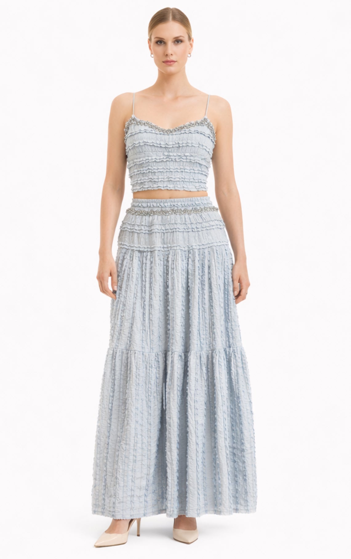 Chic Ruffle Co-Ord in Light Blue & Blush Pink