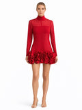 Red Sheer High-Neck Ruffle Mini Dress