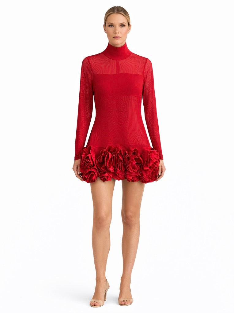 Red Sheer High-Neck Ruffle Mini Dress