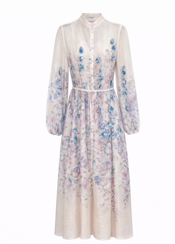 Soft Pastel Floral Belted Midi Dress
