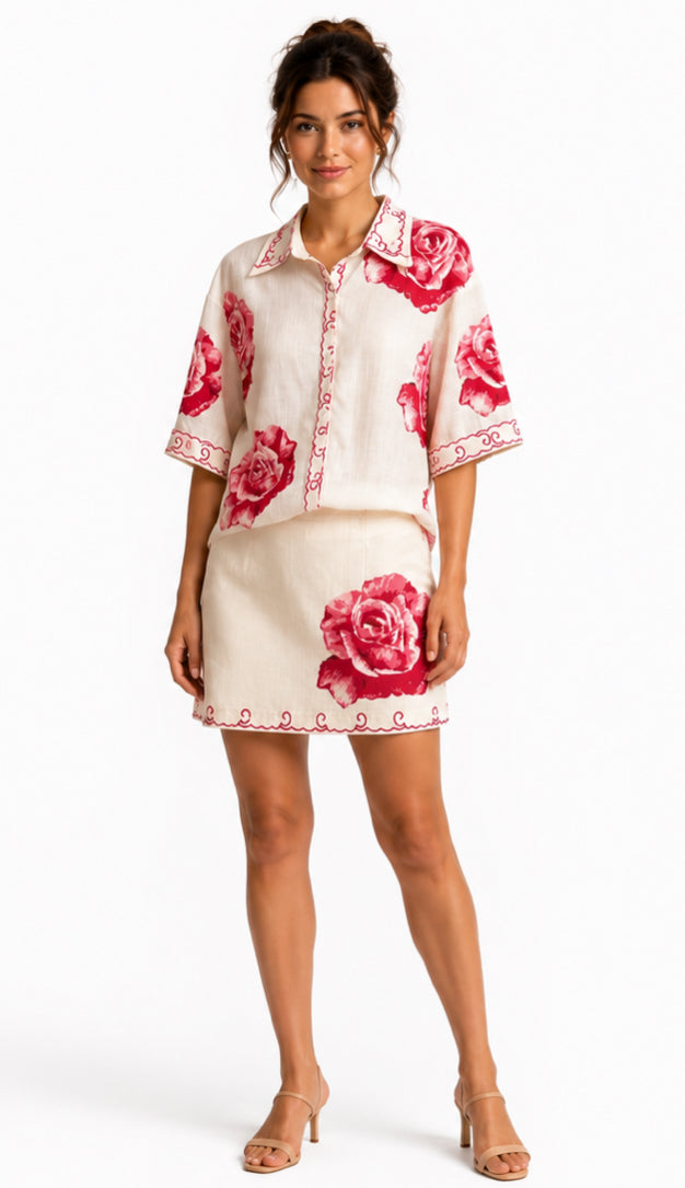 Set Linen Flowers Fushia